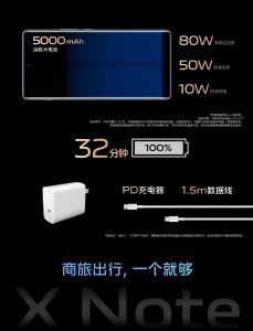 Vivo X Note оснащен аккумулятором емкостью 5,000 мАч с проводной зарядкой мощностью 80 Вт и беспроводной зарядкой мощностью 50 Вт.