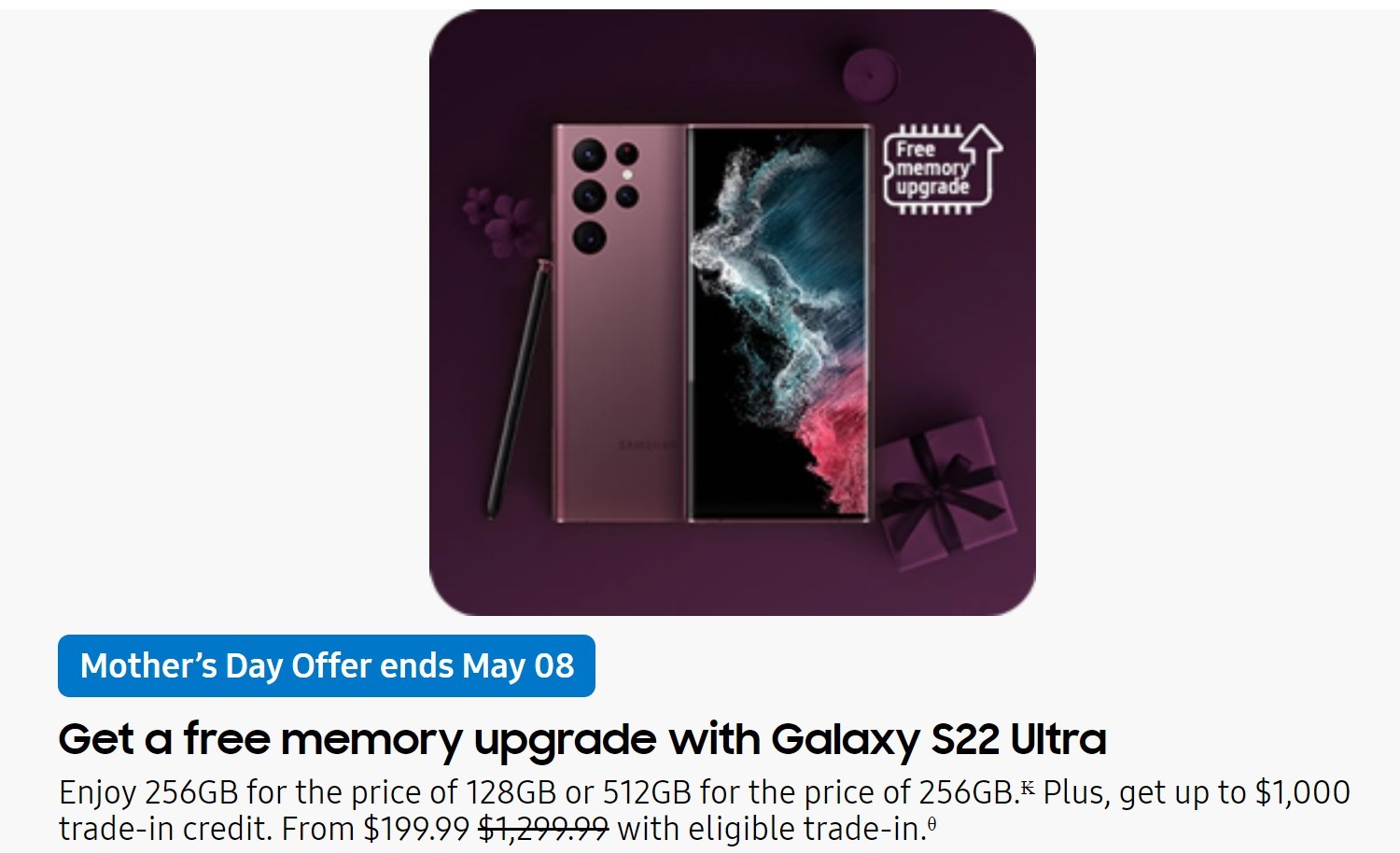 Penawaran Samsung USA Mother's Day kalebu upgrade memori gratis, Galaxy Buds, lan Watches