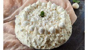 Meringue cake, classic recipe for a white cloud under a blue sky