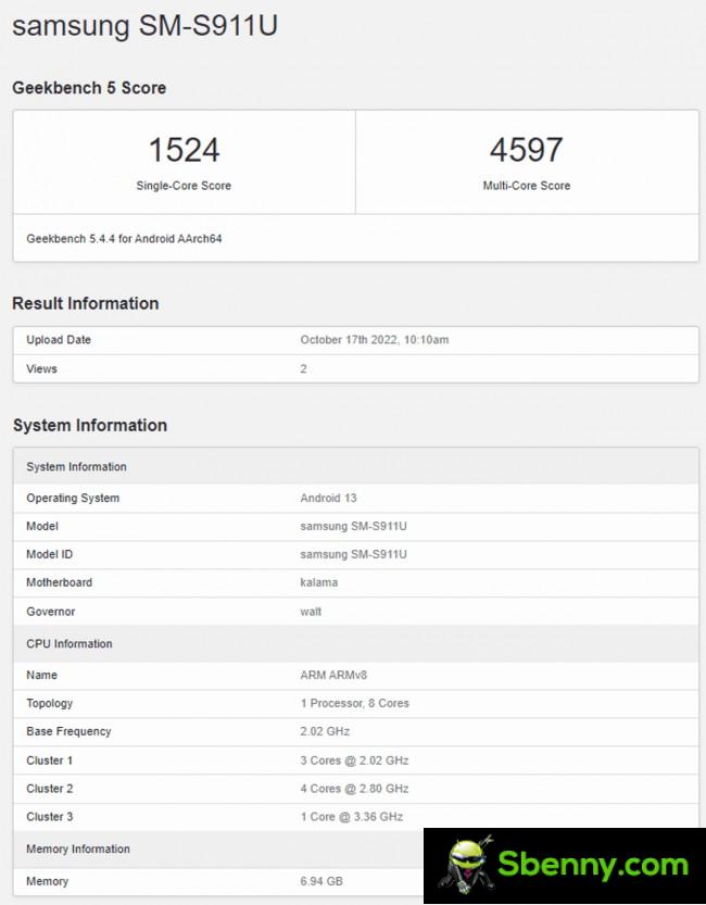 Samsung Galaxy S23 (SM-S911U) first Geekbench result (Snapdragon 8 Gen 2 chipset)