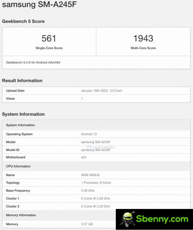 Samsung Galaxy A24 (SM-A245F) Geekbench scorecard