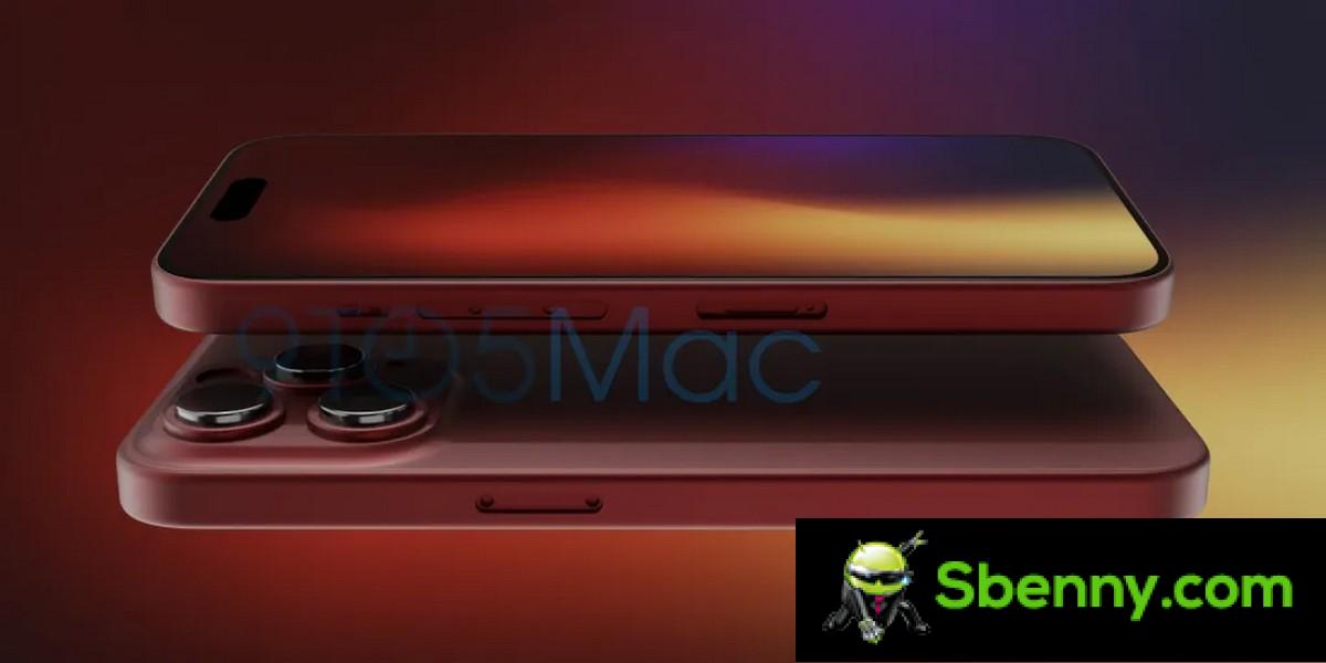 Here is the iPhone 15 Pro in its dark red hero