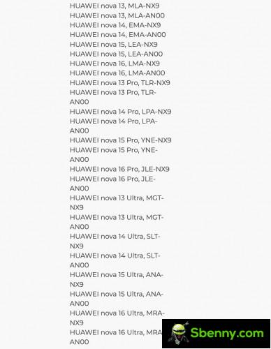 Huawei nova 13, nova 14, nopva 15 and nova 16 series devices also appeared in the list