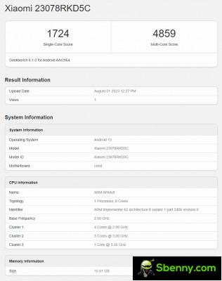 Xiaomi Redmi K60 Ultra (23078RKD5C) scorecard from Geekbench 6.1.0