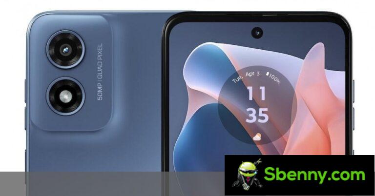 Spesifikasi Motorola Moto G Play (2024) lan permukaan rendering.