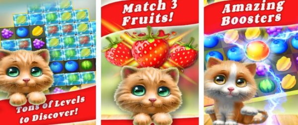 Gameplay screenshot from cat match story fruit city for Android