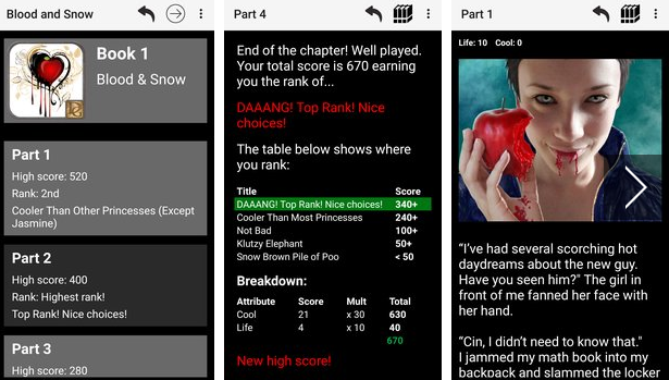 Gameplay screenshot from blood and snow choice text adventure for Android