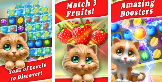 Gameplay screenshot from cat match story fruit city for Android