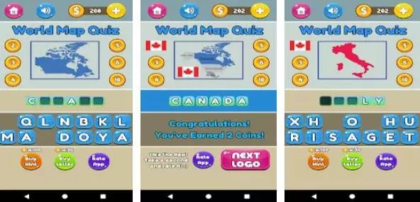 Gameplay screenshot from fun quizzes world map quiz for Android