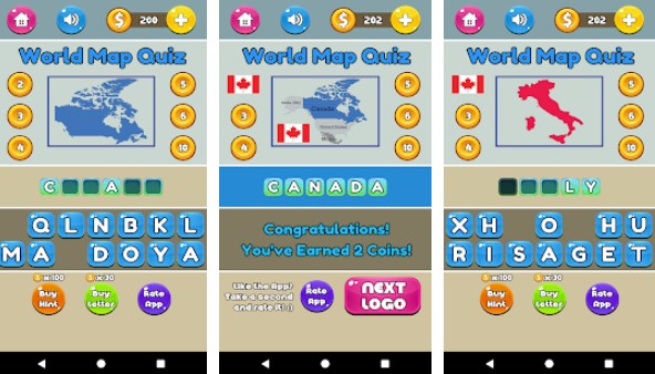Gameplay screenshot from fun quizzes world map quiz for Android