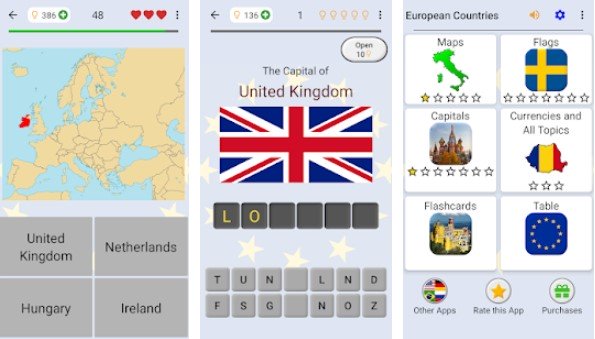 Gameplay screenshot from european countries maps flags and capitals quiz for Android