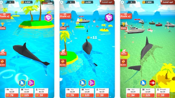 Gameplay screenshot from idle shark world tycoon game for Android