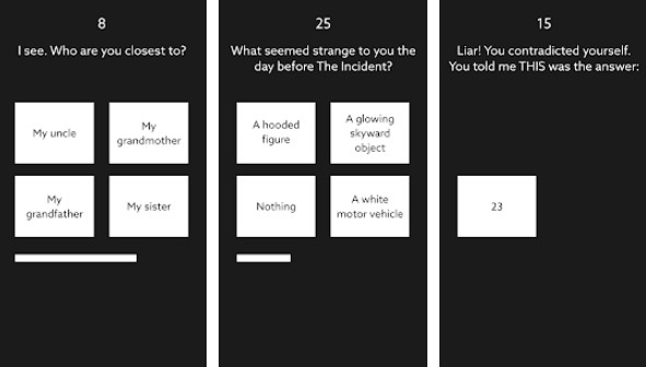 Gameplay screenshot from indefinite interrogation game for Android