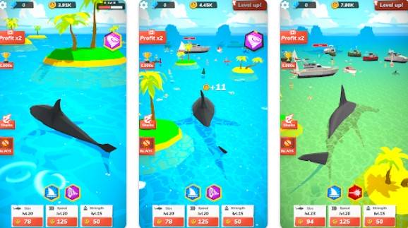 Gameplay screenshot from idle shark world tycoon game for Android