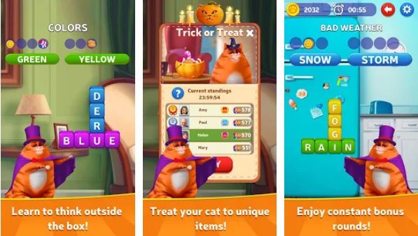 Gameplay screenshot from kitty scramble word stacks for Android
