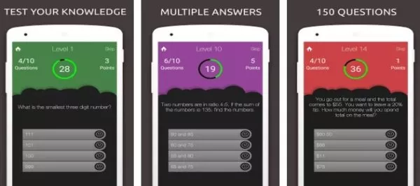 Gameplay screenshot from math quiz game test your mathematics knowledge for Android