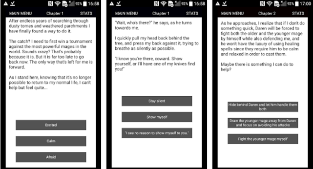Gameplay screenshot from magium text adventure rpg cyoa for Android
