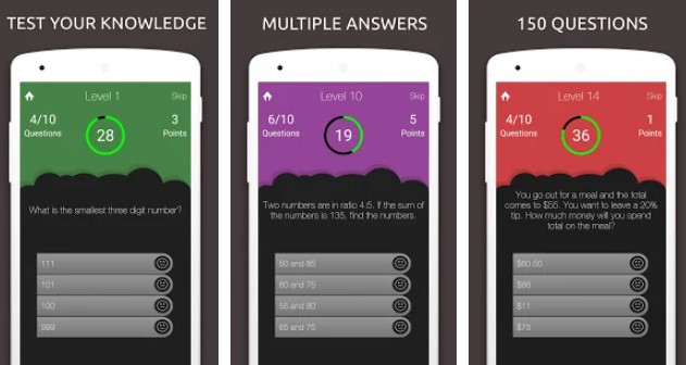 Gameplay screenshot from math quiz game test your mathematics knowledge for Android