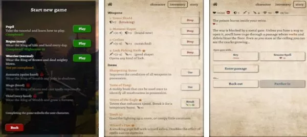Gameplay screenshot from path of adventure text based roguelike for Android