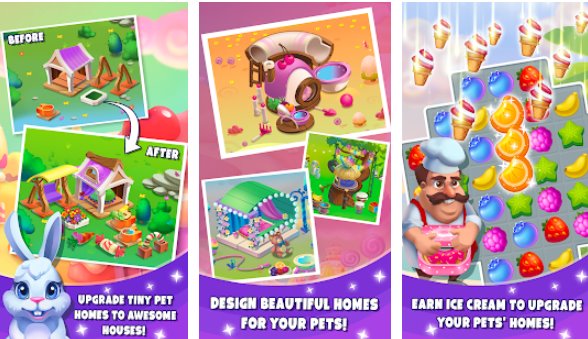 Gameplay screenshot from pet stories home design and match3 for Android