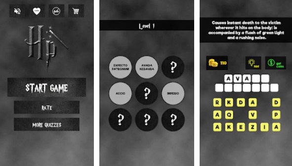 Gameplay screenshot from quiz for harry potter spells for Android