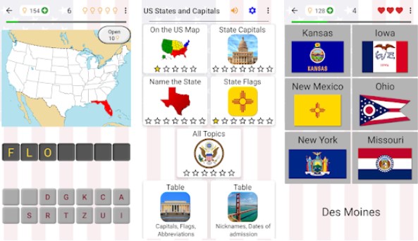 Gameplay screenshot from 50 us states map capitals and flags american quiz for Android