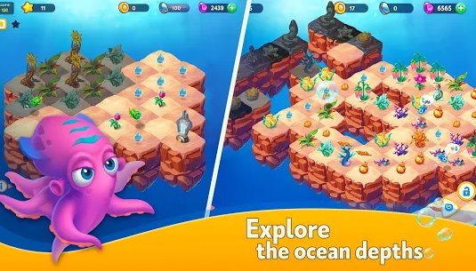 Gameplay screenshot from sea merge fish aquarium game and ocean puzzle for Android