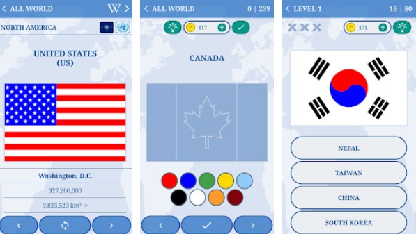 Gameplay screenshot from the flags of the world country flags quiz for Android