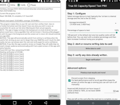 Gameplay screenshot from true sd card capacity test plus for Android