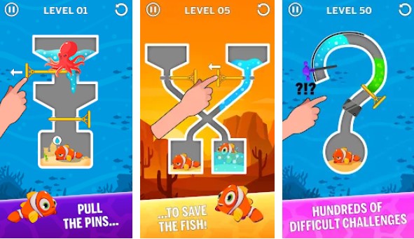 Gameplay screenshot from water puzzle fish rescue and pull the pin for Android