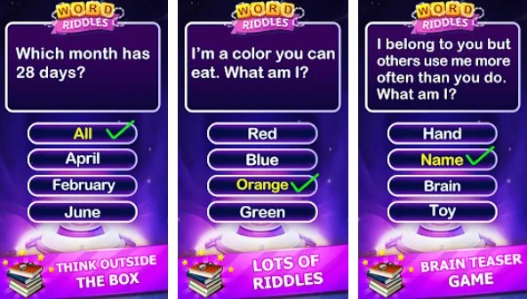 Gameplay screenshot from word riddles free offline word games brain test for Android