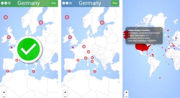 Gameplay screenshot from world map geography quiz atlas countries for Android