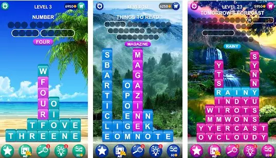Gameplay screenshot from word tiles hidden word search game for Android