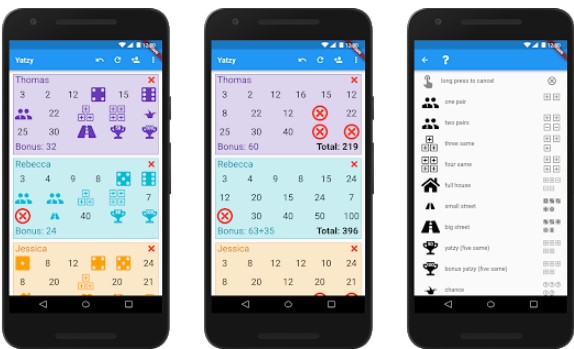Gameplay screenshot from yatzy score sheet for Android